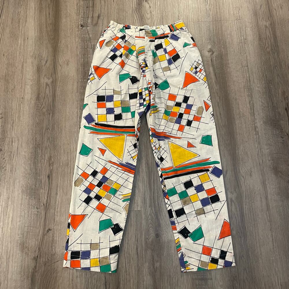 Crazy Funky Colorful 80s Pants Linen Blend Hammer Time Shapes Vintage Harem XS/S